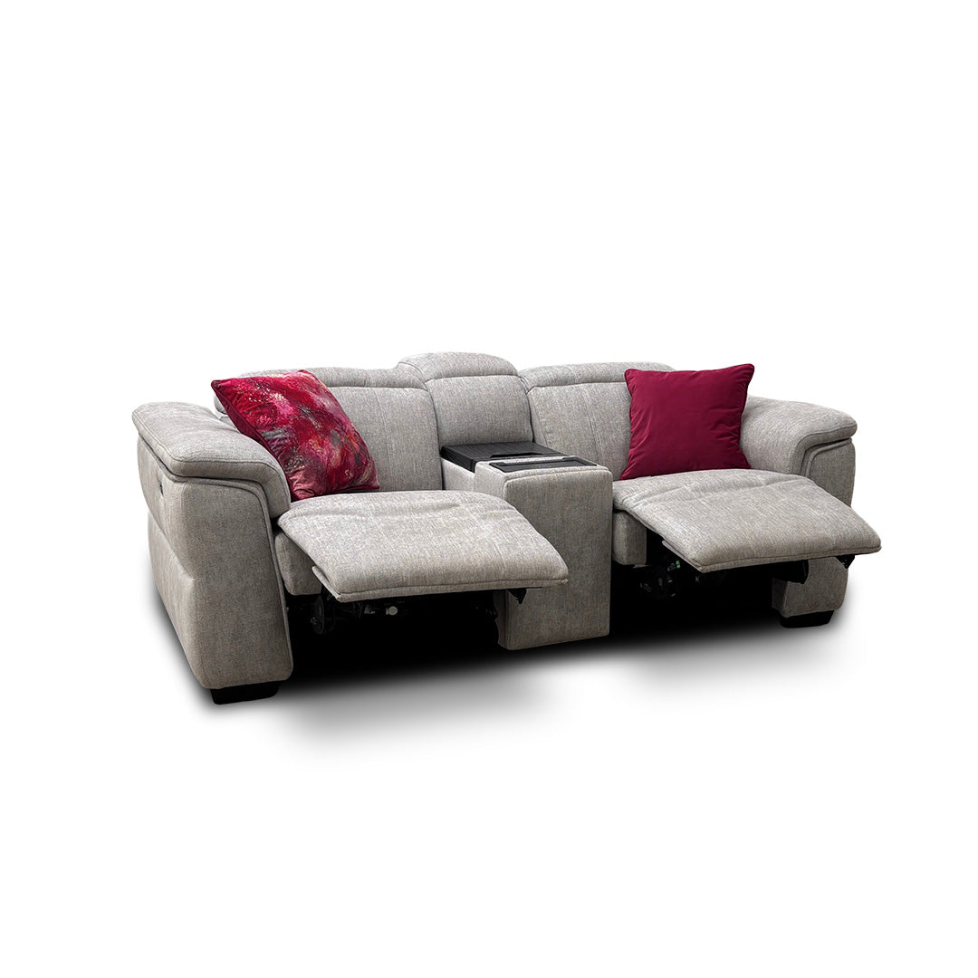 'Inca' Manhattan Stone 58004 Fabric 2 Seater Power Recliner Sofa with Power Headrests and Fridge Console