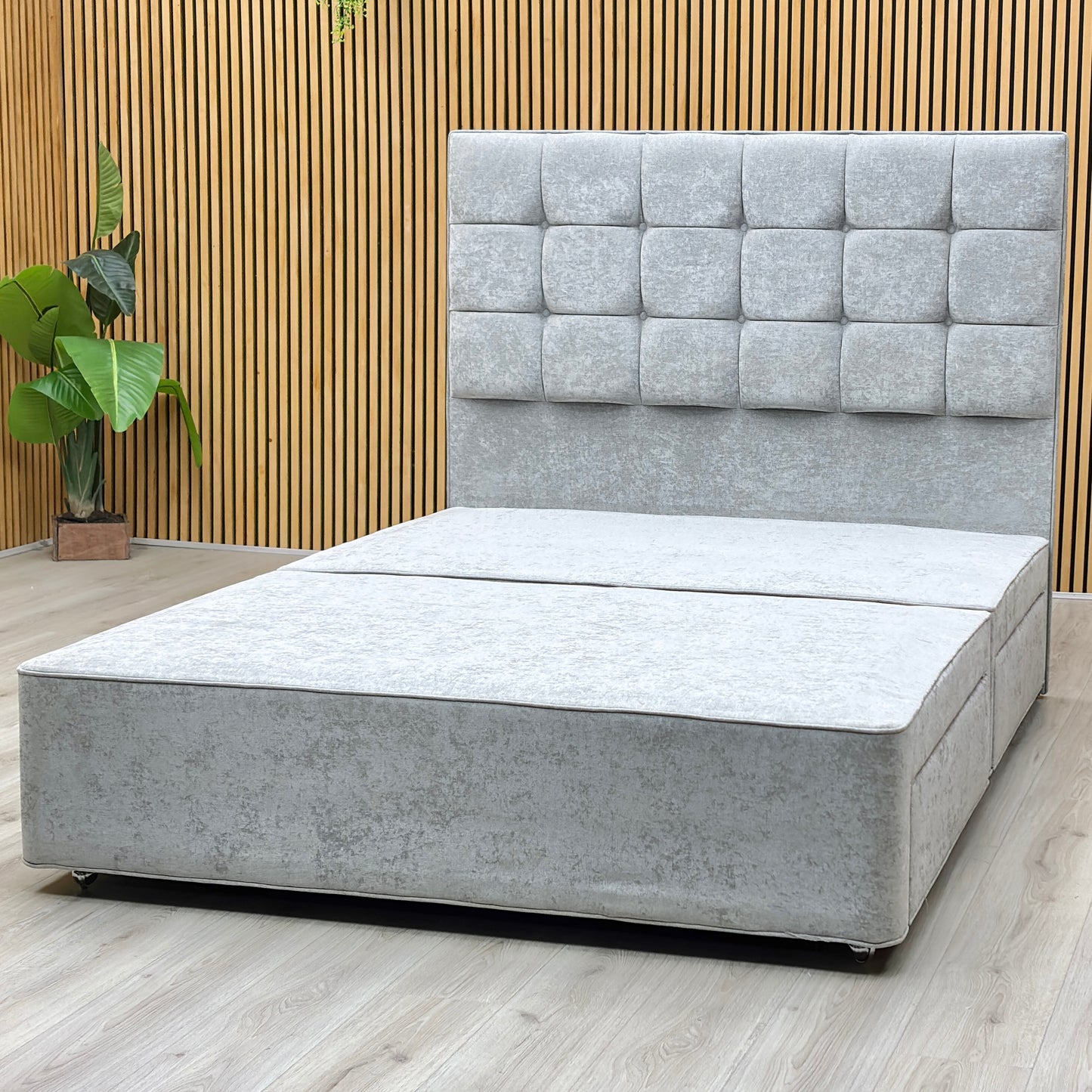 ‘Mia’ Premium 806 Simply Zinc Grey Fabric Floor Standing Headboard + 4 Draw Bespoke Sprung Divan Base - King