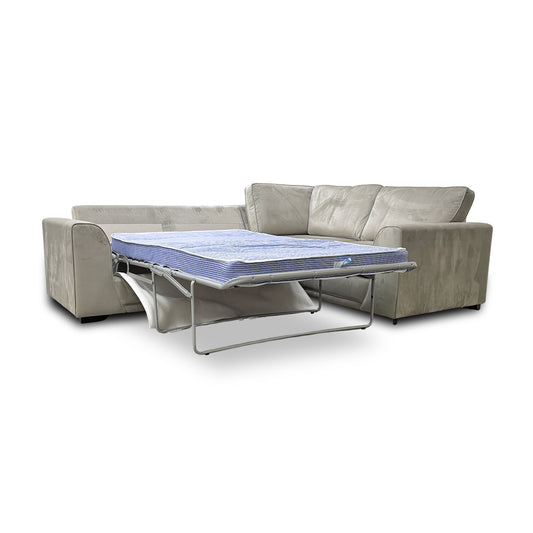 'Orka' Stone Velvet Plain Non Quilted Left Hand Facing 2 Seater Deluxe Corner Sofa Bed
