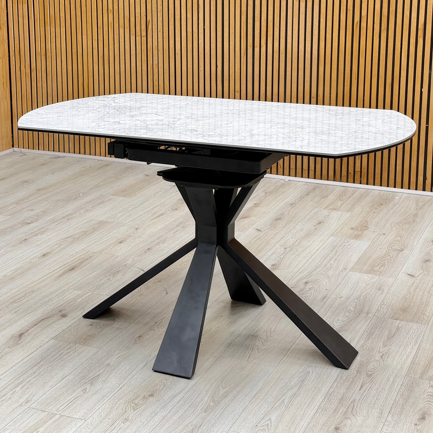 'Crete' Ceramic Top Round Swivel Extending Dining Table with Dark Grey Fabric Swivel Dining Chairs - Set of 4