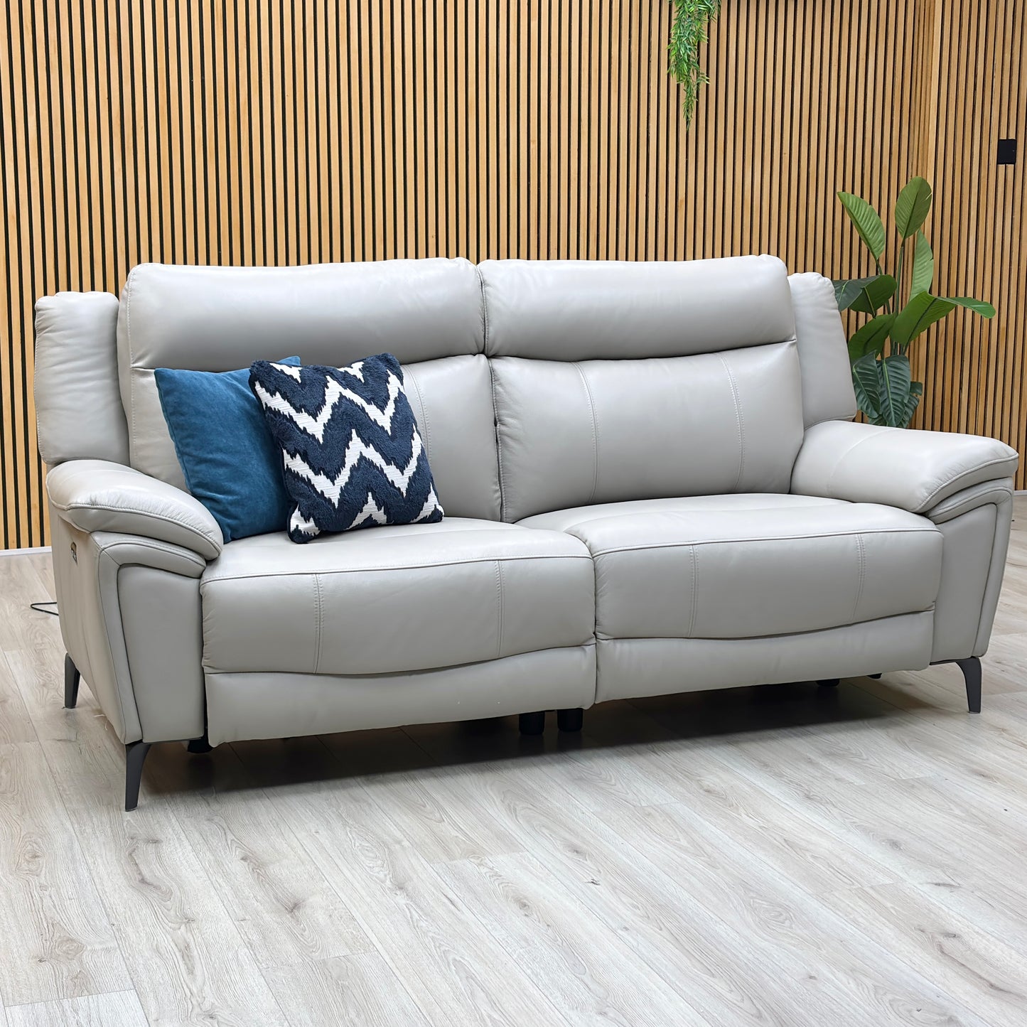 ‘Panache’ Lead Grey Cat-60_23 Leather 3 Seater Power Recliner Sofa with Power Headrests