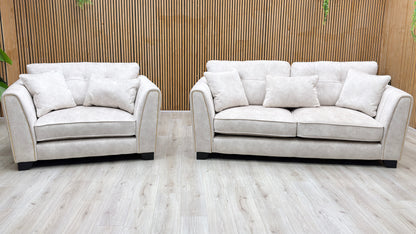 ‘Mariah’ Dapple Ivory-Tri Brass Insert Fabric 3 Seater Classic Back Sofa + Snuggler Chair