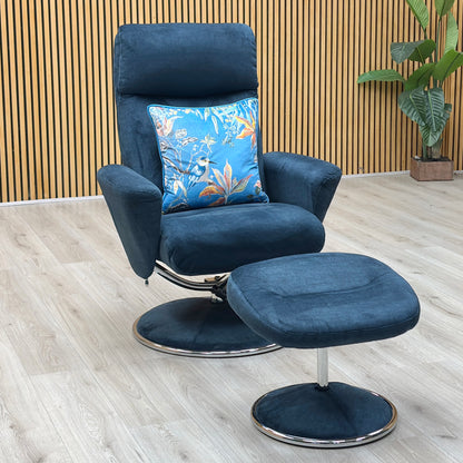 ‘Nice’ Deep Sea Blue Fabric Swivel Recliner Chair and Footstool