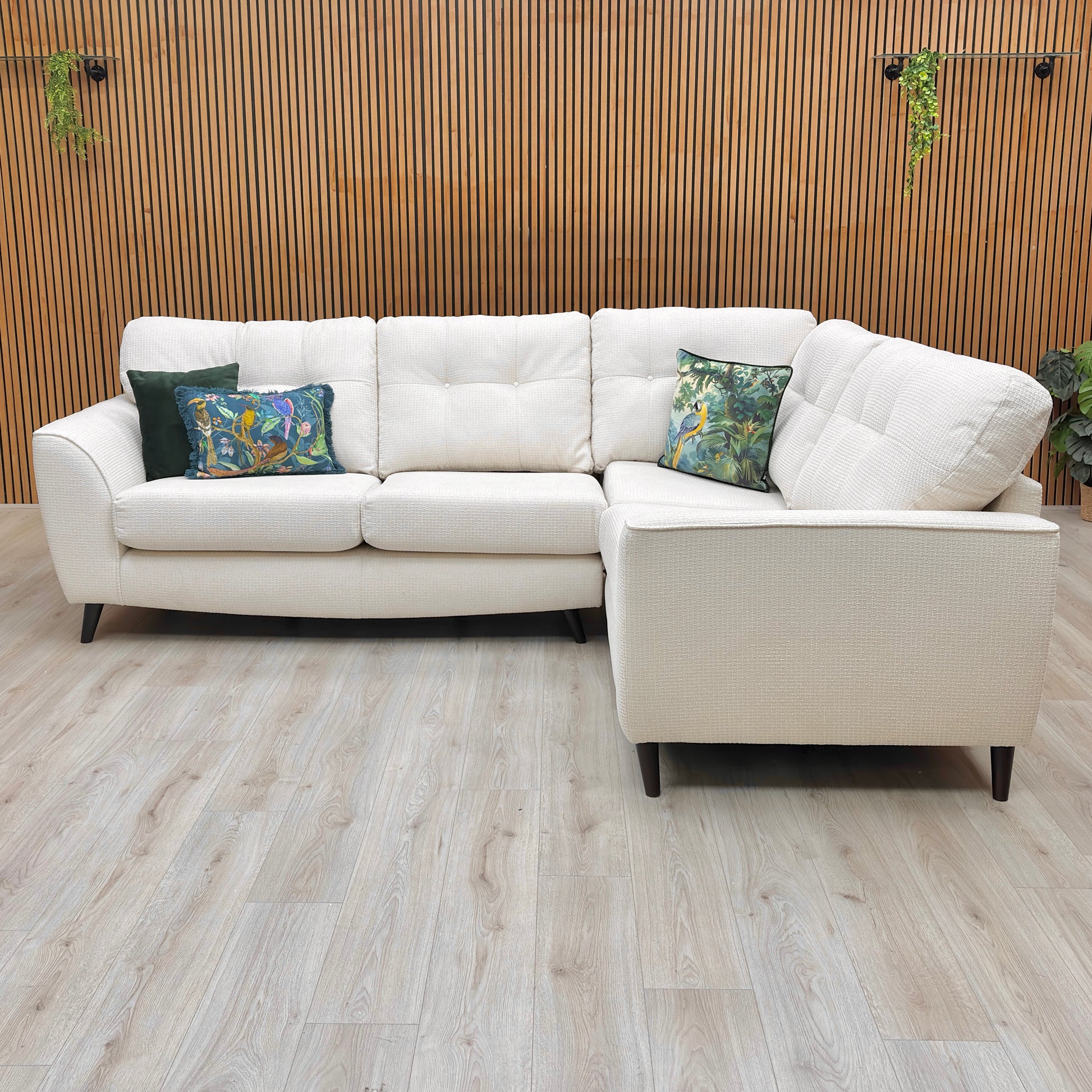 view of the Ivory White 'Dawson' Corner Sofa, highlighting the generous seating and Left-Hand Facing orientation.