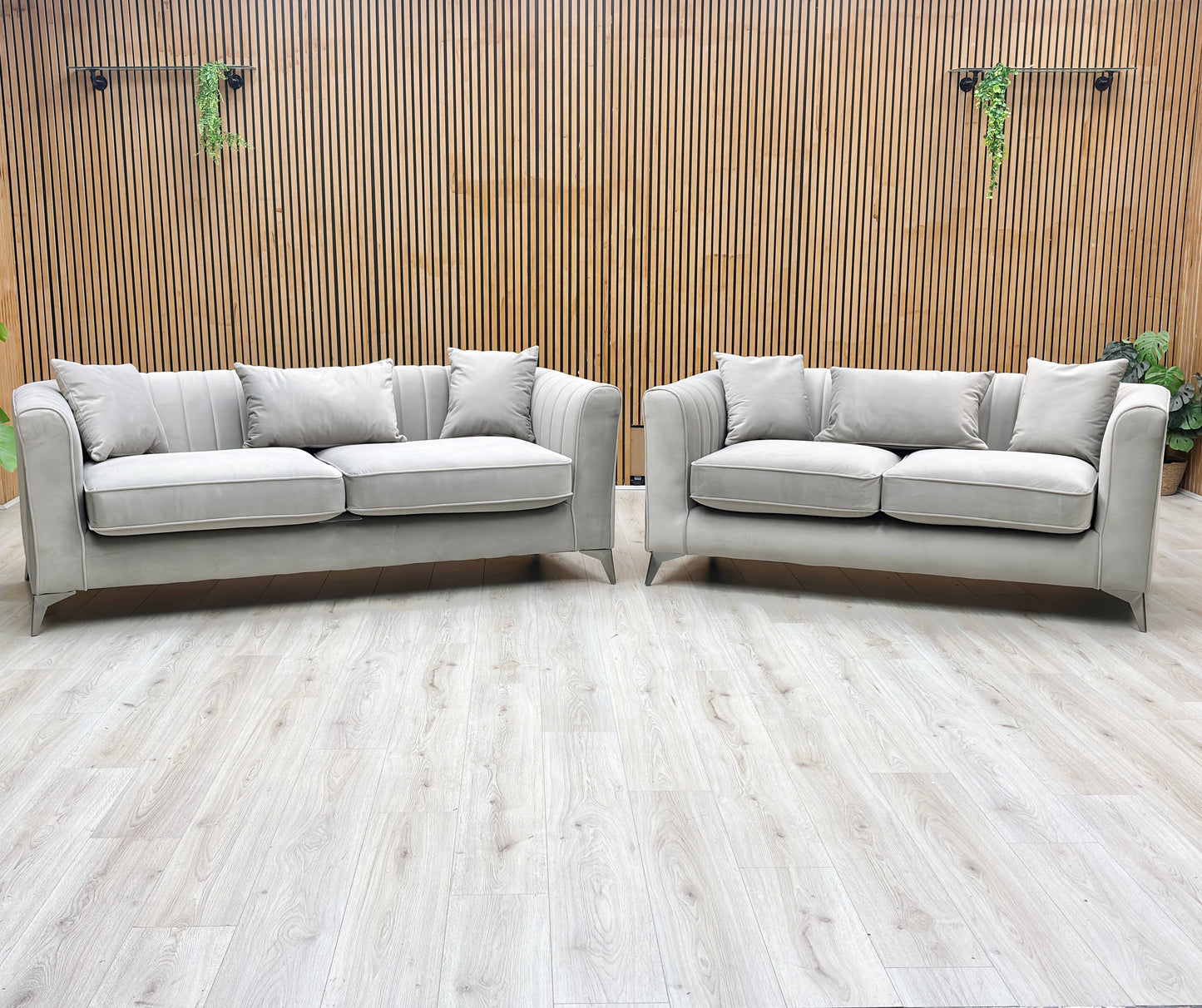 ‘Sirius’ Pebble Grey Velveteen Fabric Classic Back 3 + 2 Seater Sofa Set