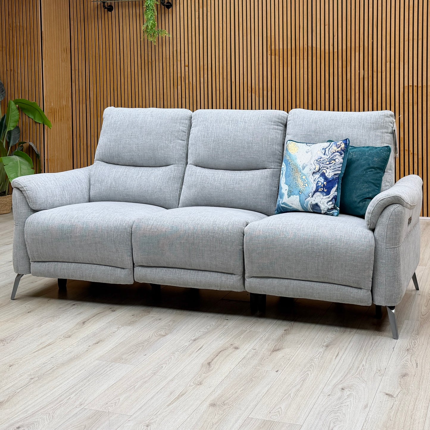 ‘Daytona’ 11445 Anivia Light Grey Fabric 3 Seater Power Recliner Sofa with Drop Down Drinks Holder – view 3