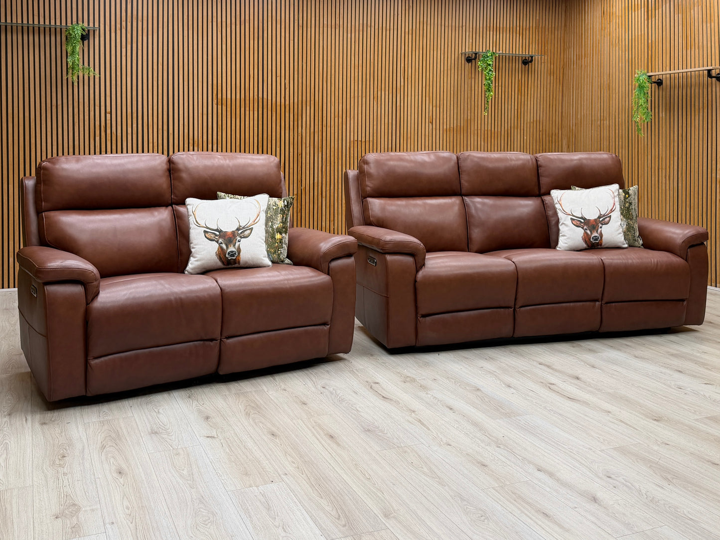 ‘Raven’ Montana Butterscotch Cat-60_07 Brown Leather 3 + 2 Seater Power Recliner Sofa Set