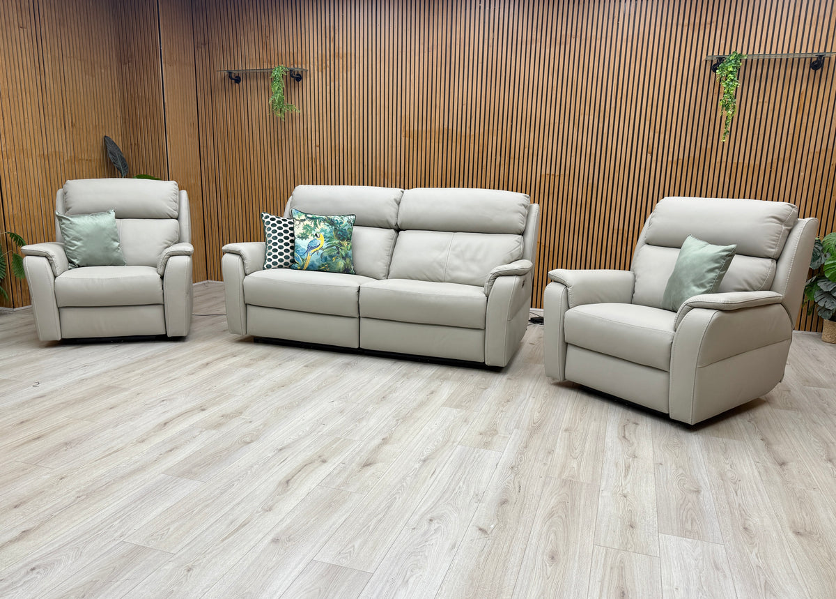 Nicoletti 'Vito' Torello Tortora 328 Grey Leather 3 Seater Power Recliner Sofa with Power Headrests and Power Lumbar + Power Chair + Power Chair Furniture Village