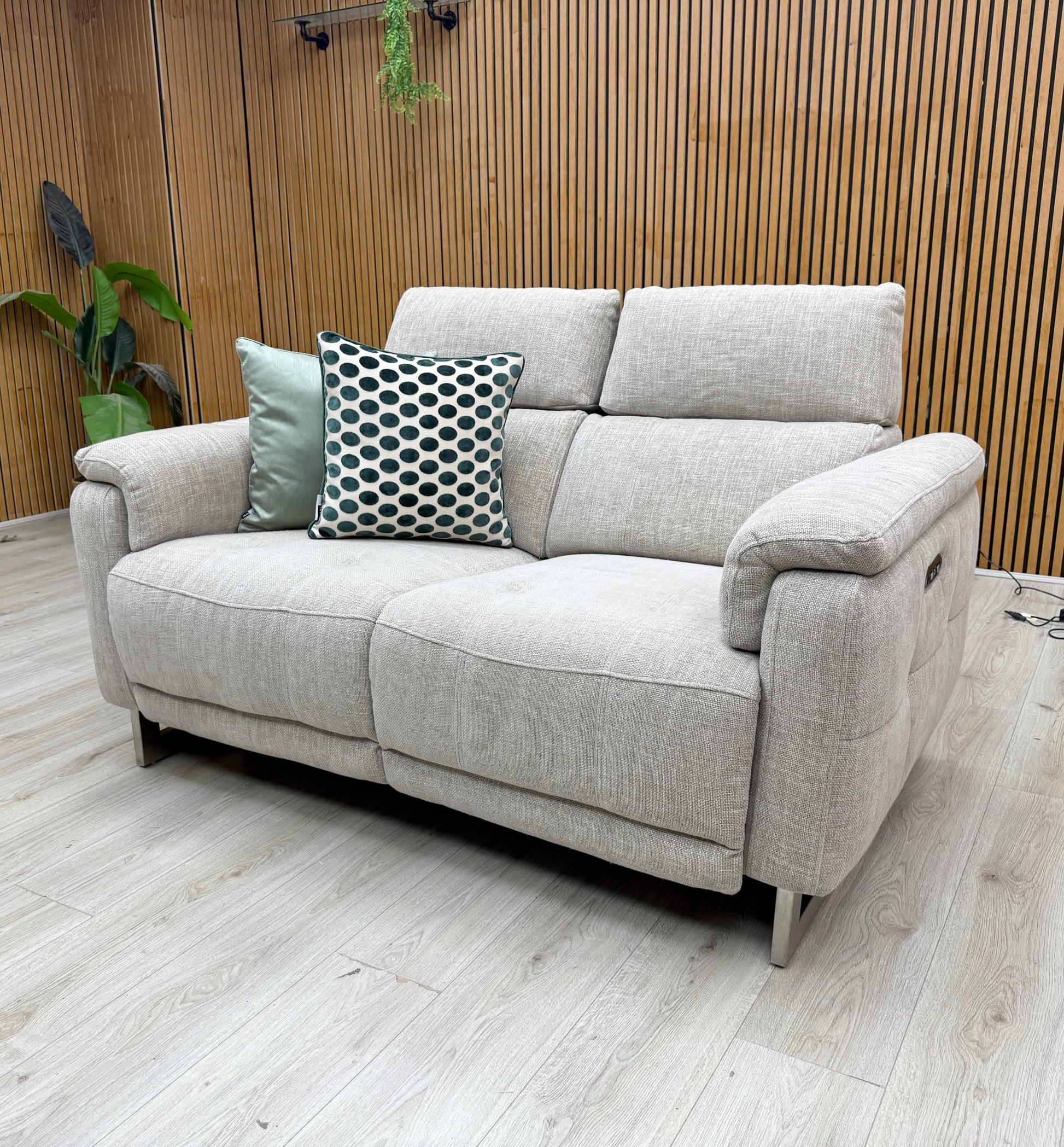 'Moet' Anivia Khaki Fabric 2 Seater Power Recliner Sofa with Telescopic Headrests Furniture Village