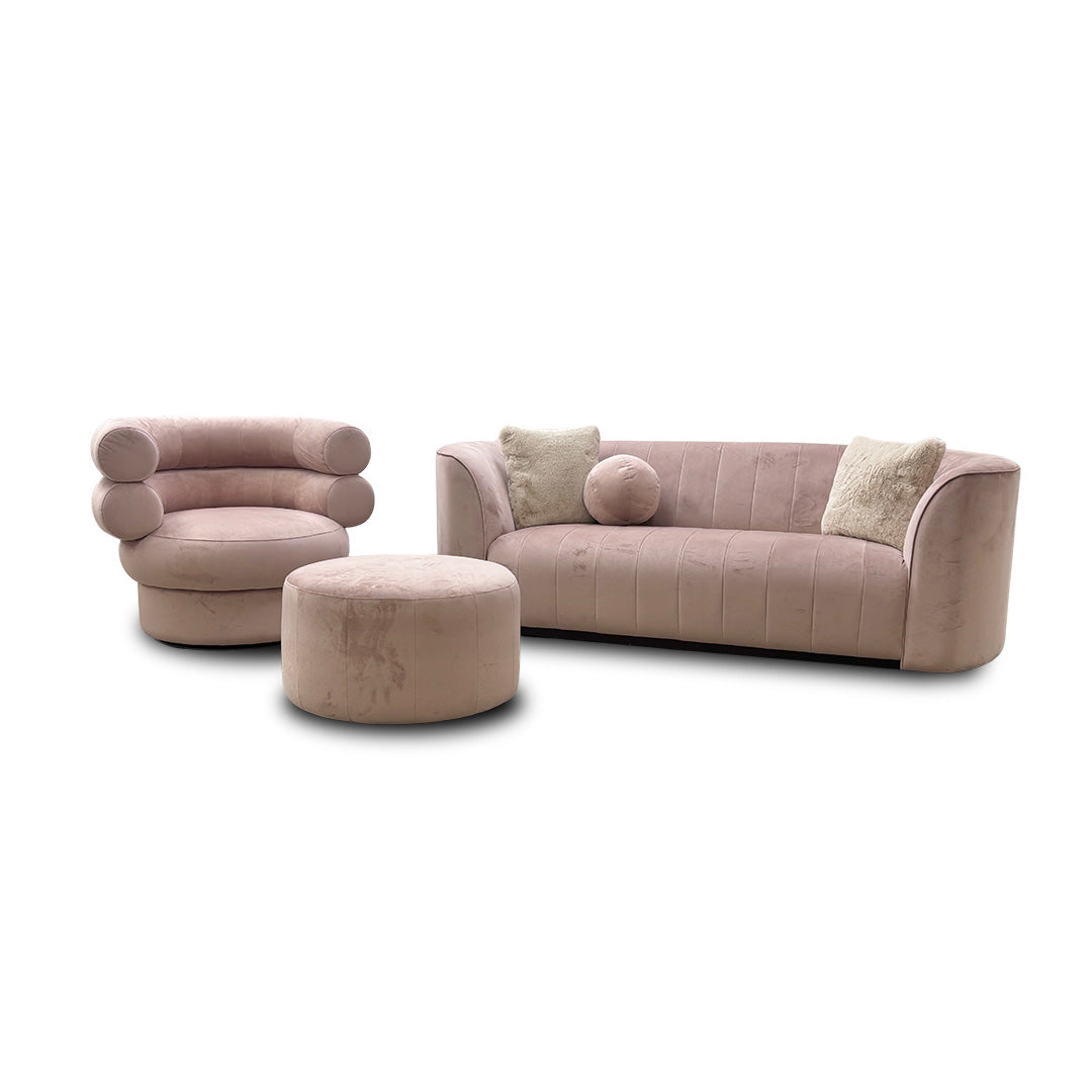 Full view of the 3-piece set: 3-seater sofa, swivel accent chair, and footstool.