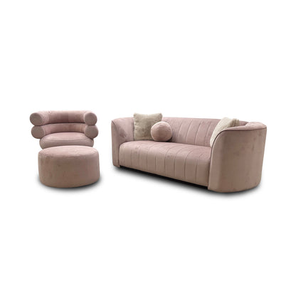 'Fitzrovia' Matt Velvet Blush Mix With Trim 3 Seater Sofa + Swivel Accent Chair + Footstool