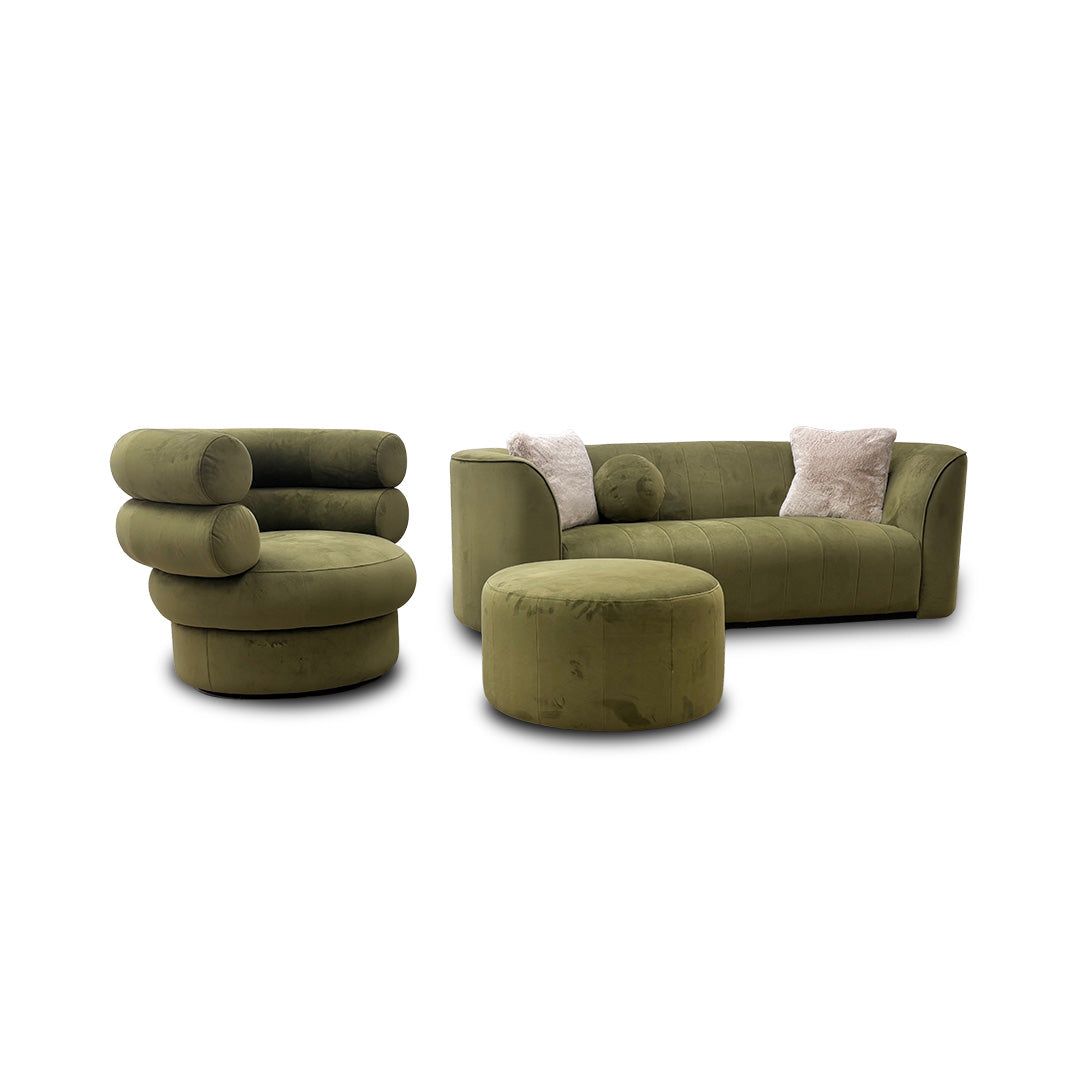 'Fitzrovia' Matt Velvet Olive Mix With Trim 3 Seater Sofa + Swivel Accent Chair + Footstool