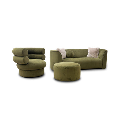 'Fitzrovia' Matt Velvet Olive Mix With Trim 3 Seater Sofa + Swivel Accent Chair + Footstool