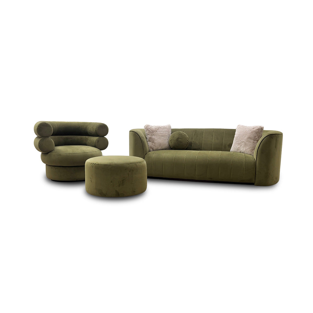 'Fitzrovia' Matt Velvet Olive Mix With Trim 3 Seater Sofa + Swivel Accent Chair + Footstool