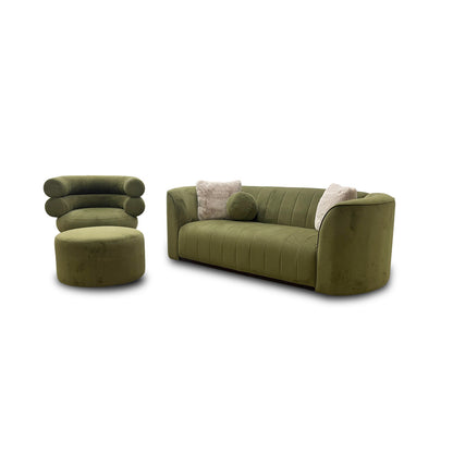 'Fitzrovia' Matt Velvet Olive Mix With Trim 3 Seater Sofa + Swivel Accent Chair + Footstool