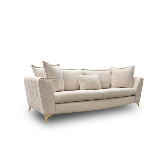 Full, straight-on view of the large 'Luella' Grande Sofa in Oslo Cream and Natural Mix Sherpa fabric, highlighting its plush cushions and sloped arm design.