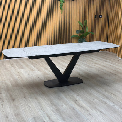 'Julio' Silver Ceramic Top 160cm Draw Leaf Extending Dining Table with Terracotta Orange Fabric Set of 6 Swivel Dining Chairs