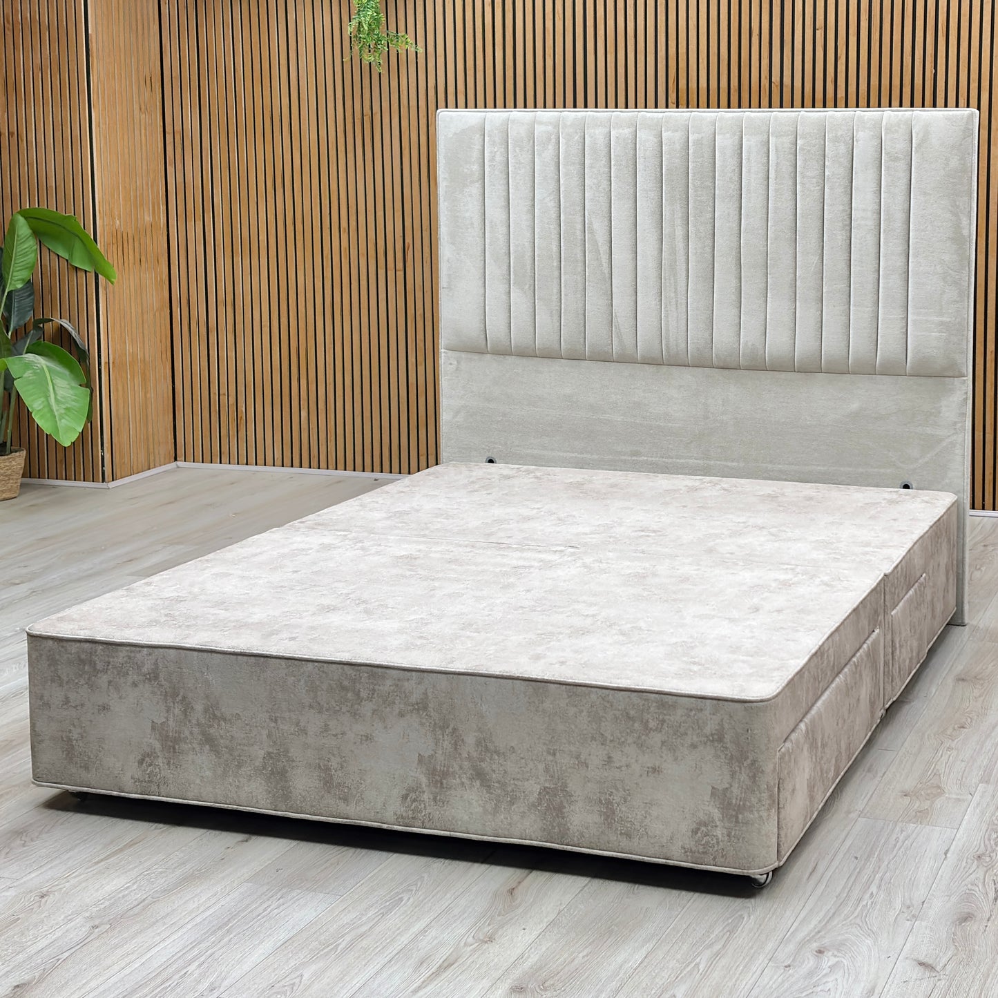 ‘Clancy’ Milan Stone Grey Fabric Floor Standing Headboard + 4 Draw Sprung Divan Base