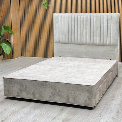 ‘Clancy’ Milan Stone Grey Fabric Floor Standing Headboard + 4 Draw Sprung Divan Base