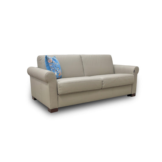 Nicoletti 'Alcova' Torello Tortora Dark Feet Leather 2.5 Seater Sofa Bed with Scroll Arms