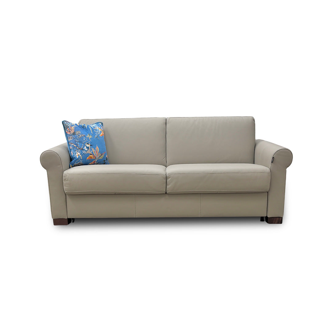 Nicoletti 'Alcova' Torello Tortora Dark Feet Leather 2.5 Seater Sofa Bed with Scroll Arms