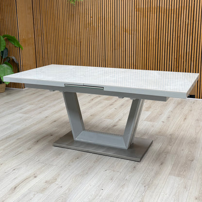 'Grigio' Marble Effect Ceramic Top Large Extending Dining Table with Grey Fabric Set of 6 Cantilever Dining Chairs