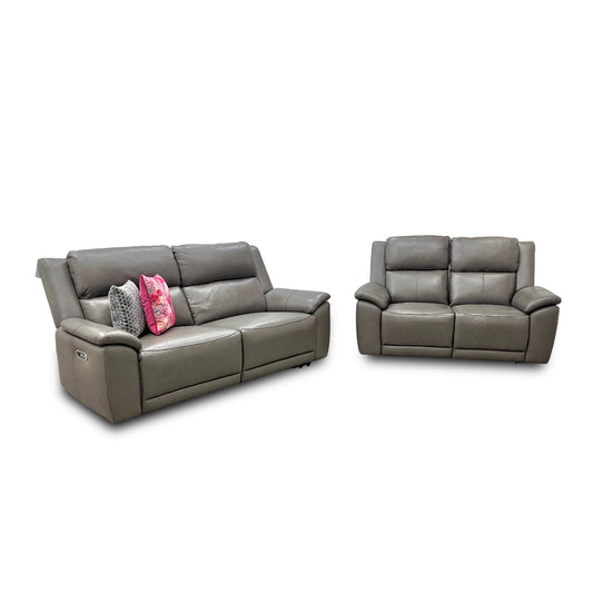 'Utah' Grey Le-9308 Leather 3 + 2 Seater Power Recliner Sofa Set with Power Headrests and Power Lumbar