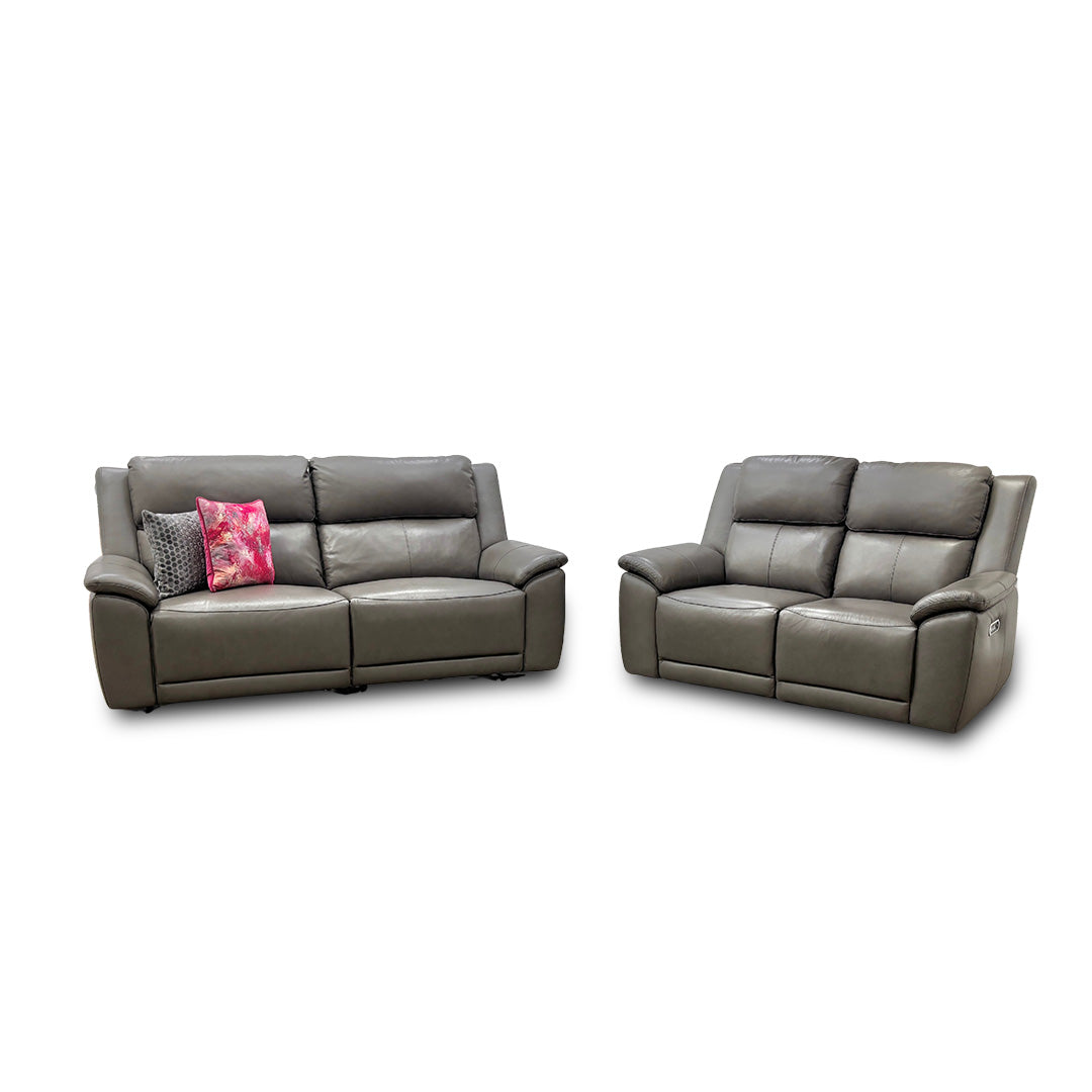 'Utah' Grey Le-9308 Leather 3 + 2 Seater Power Recliner Sofa Set with Power Headrests and Power Lumbar