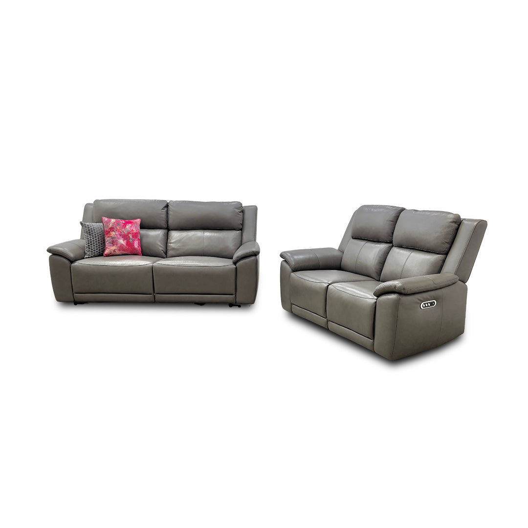 'Utah' Grey Le-9308 Leather 3 + 2 Seater Power Recliner Sofa Set with Power Headrests and Power Lumbar
