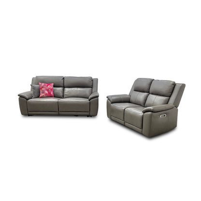 'Utah' Grey Le-9308 Leather 3 + 2 Seater Power Recliner Sofa Set with Power Headrests and Power Lumbar