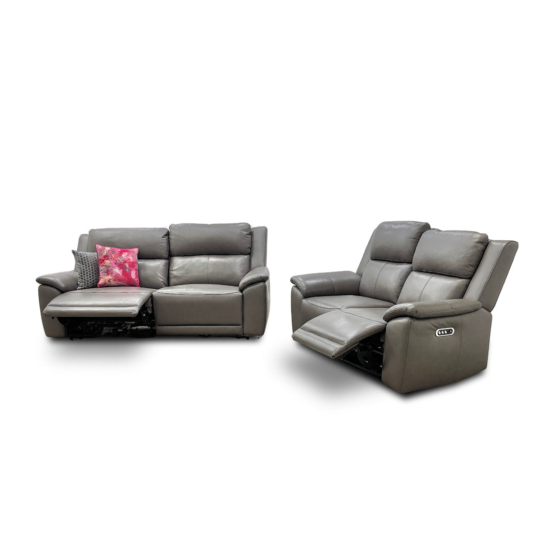 'Utah' Grey Le-9308 Leather 3 + 2 Seater Power Recliner Sofa Set with Power Headrests and Power Lumbar