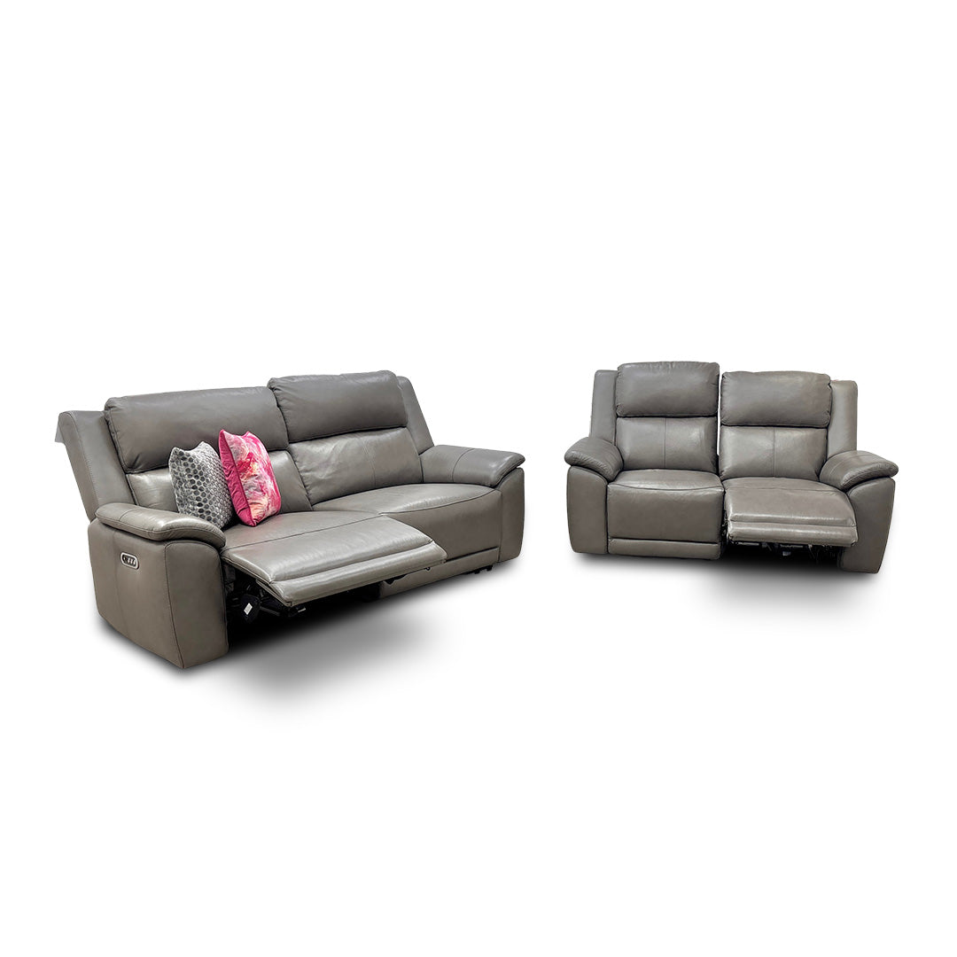 'Utah' Grey Le-9308 Leather 3 + 2 Seater Power Recliner Sofa Set with Power Headrests and Power Lumbar