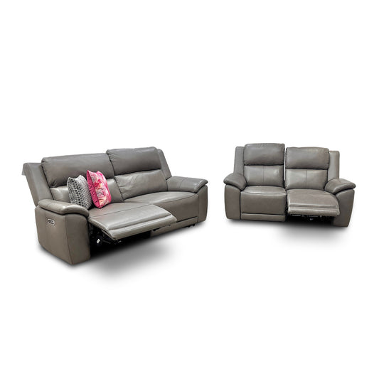 'Utah' Grey Le-9308 Leather 3 + 2 Seater Power Recliner Sofa Set with Power Headrests and Power Lumbar