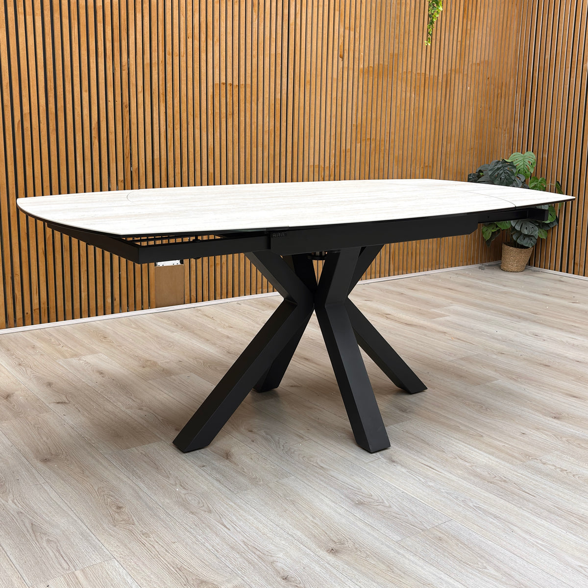 ‘Raul’ Travertine Ceramic Top 120cm Swivel Extending Dining Table with Stone Grey Fabric Set of 4 Swivel Dining Chairs
