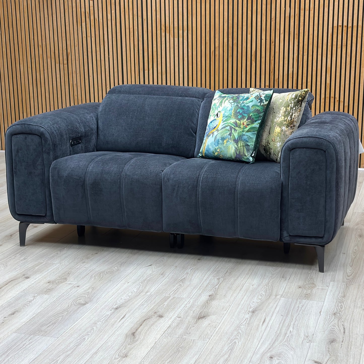 ‘Elphaba’ Manhattan Indigo 58009 Fabric 2 Seater Power Recliner Sofa with Storage Arms Furniture Village
