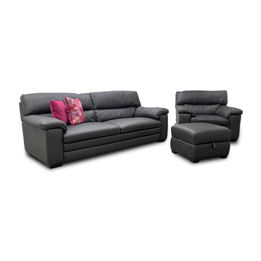 World of Leather 'Cozee' Nw-517e Shale Grey Leather 3 Seater Sofa + Armchair + Storage Footstool