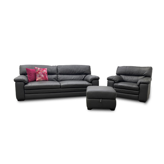 World of Leather 'Cozee' Nw-517e Shale Grey Leather 3 Seater Sofa + Armchair + Storage Footstool