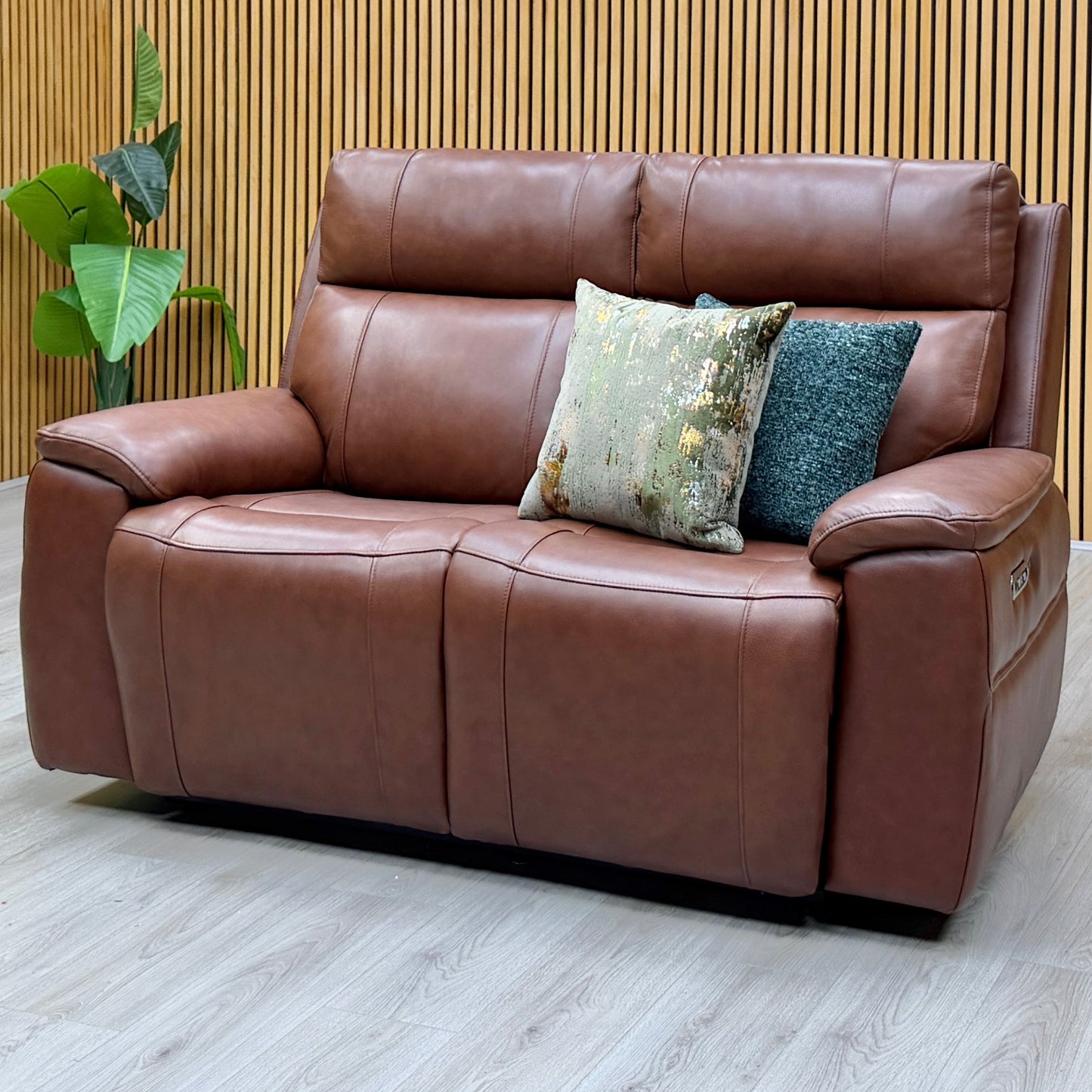 ‘Aero’ Butterscotch Cat-60_07 Brown Leather 2 Seater Power Recliner Sofa with Power Headrests and Heated Seats