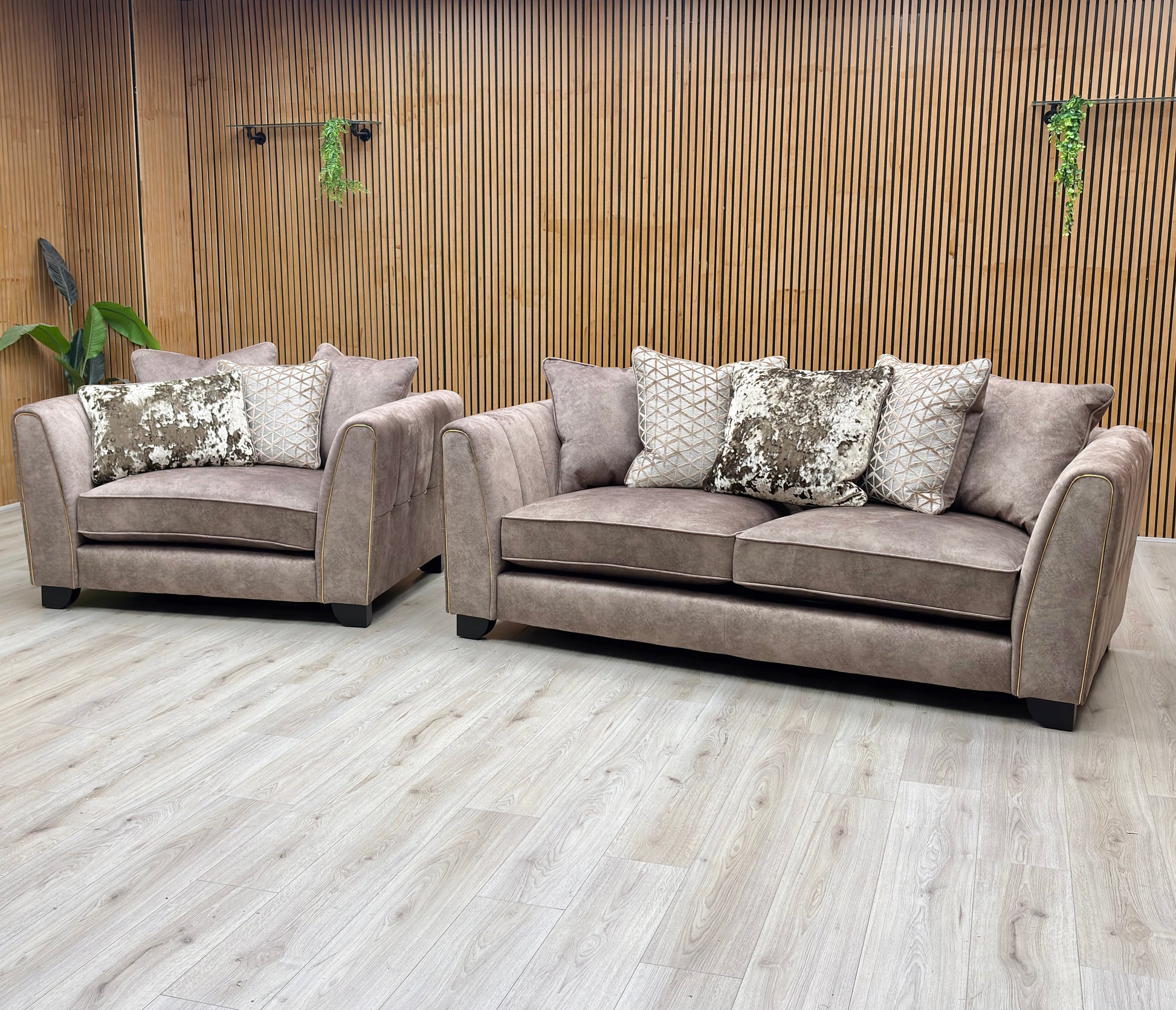 'Mariah' Dapple Chocolate-Tri Brass Insert Fabric 3 Seater Scatter Back Sofa + Snuggler Chair Furniture Village