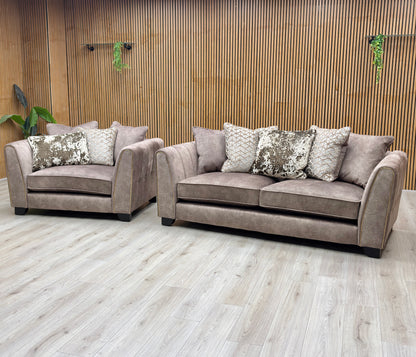 'Mariah' Dapple Chocolate-Tri Brass Insert Fabric 3 Seater Scatter Back Sofa + Snuggler Chair Furniture Village