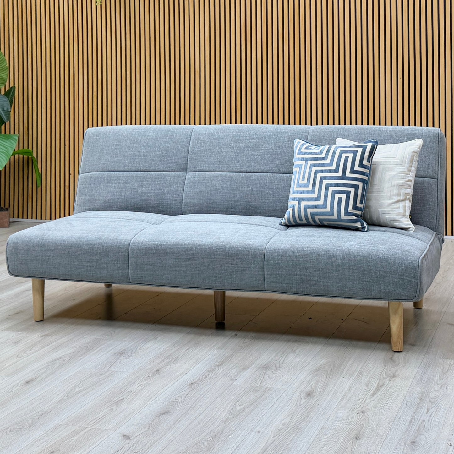 ‘Miyagi’ Mist Grey Linen Fabric Futon Sofa Bed