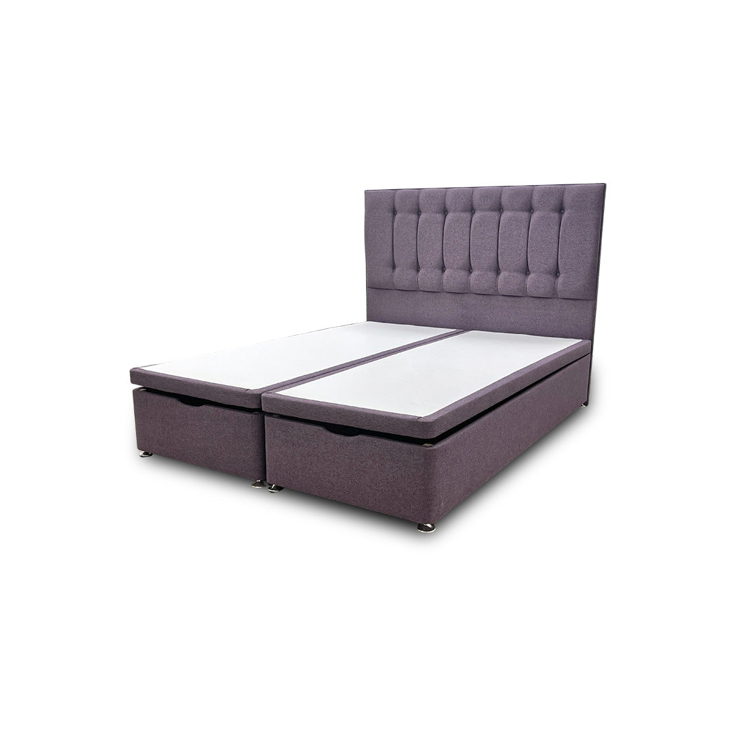 'Lillian' Lilac Fabric Double Ottoman End Lift Bed Base with Floor Standing Headboard - King