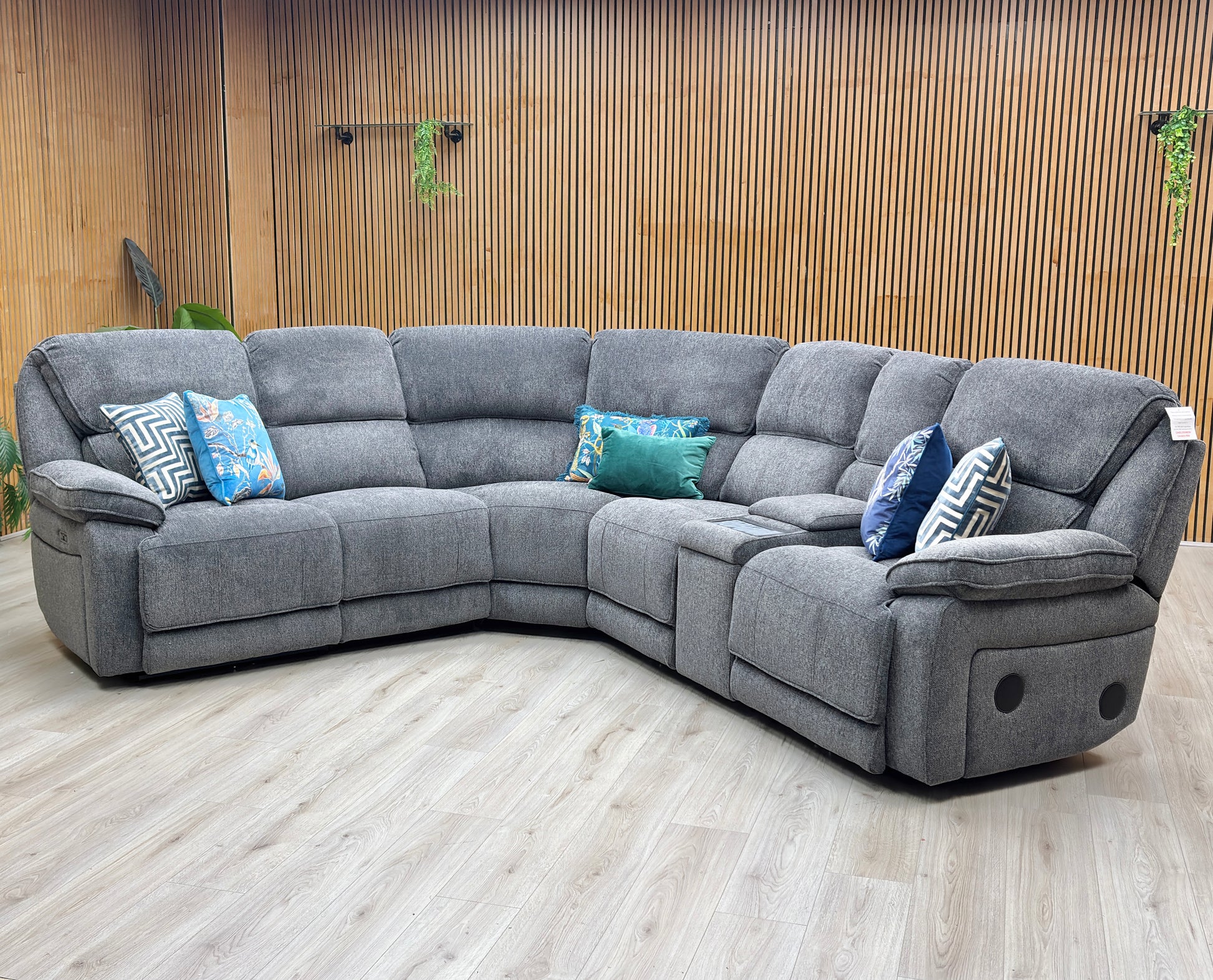 'Costa' Power Recliner Charcoal Grey Weave Fabric Left Hand Corner Sofa with Cupholders, Storage and Bluetooth Speakers and Power Headrests Thornbrook (a Joseph James brand)