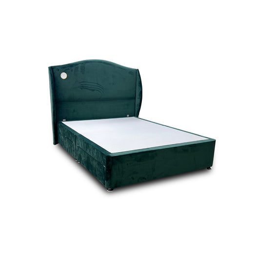 'Angel' Forest Green Velvet 4 Draw Divan Bed with Floor Standing Winged Headboard - King