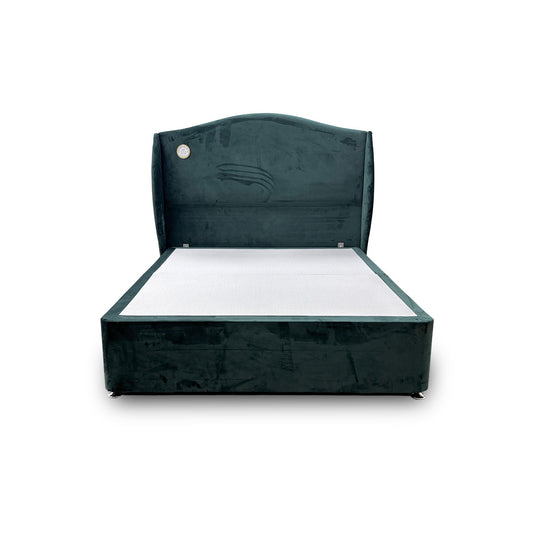 'Angel' Forest Green Velvet 4 Draw Divan Bed with Floor Standing Winged Headboard - King