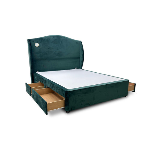 'Angel' Forest Green Velvet 4 Draw Divan Bed with Floor Standing Winged Headboard - King
