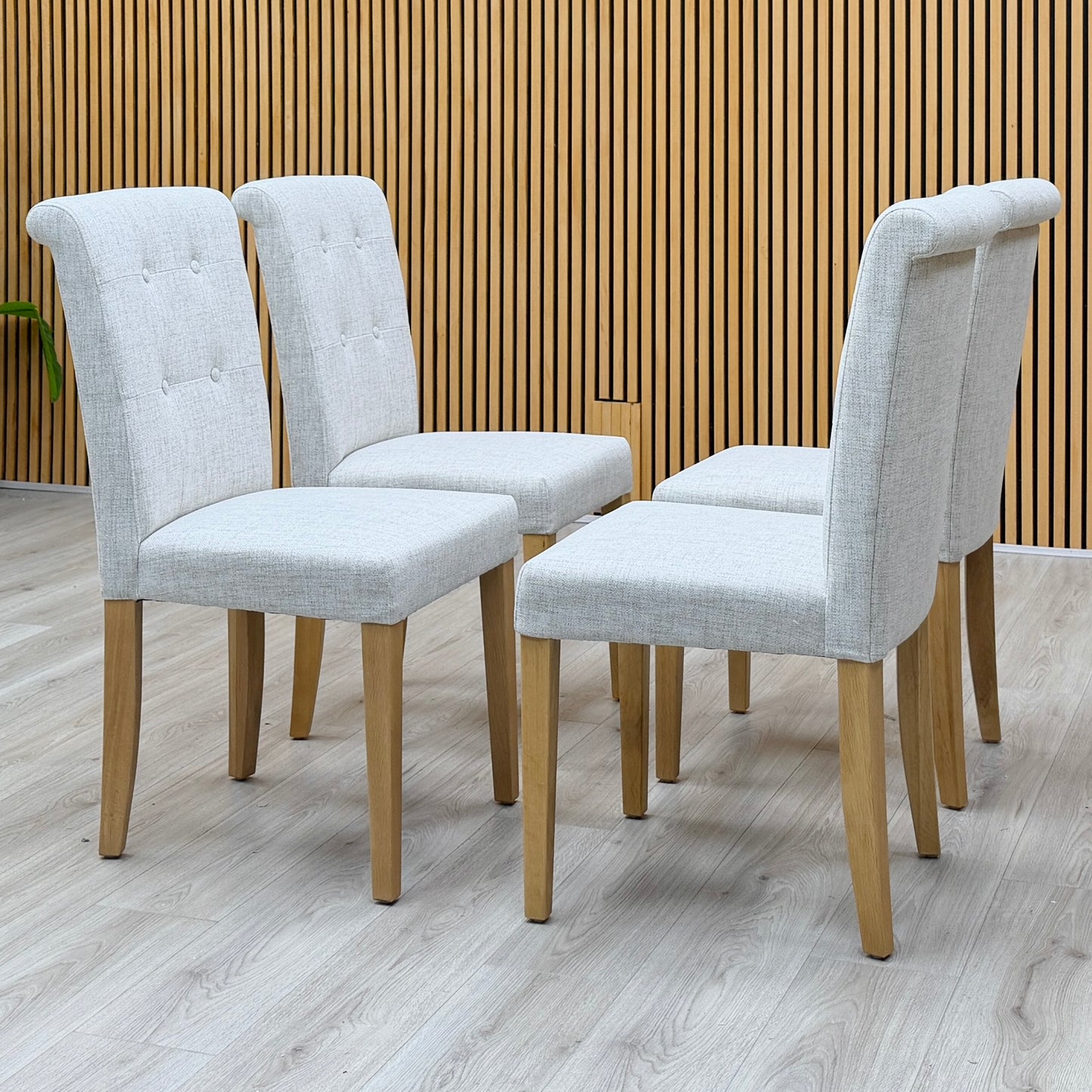 Furnitureland ‘Augusta’ Clay Grey Fabric Set of 4 Roll Back Upholstered Dining Chairs
