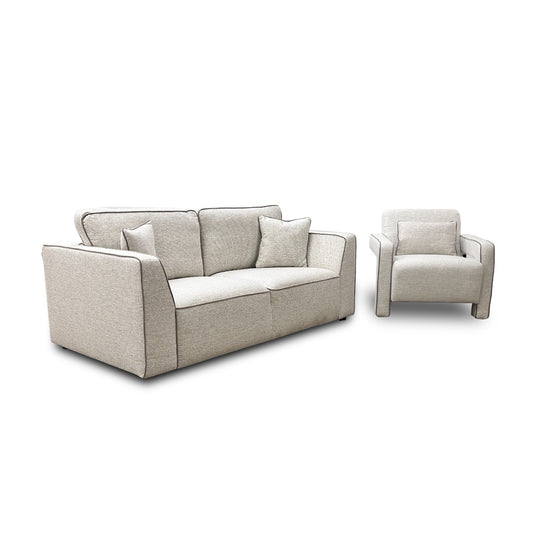 'Russo' Lustre Weave Contrast Piping Natural Mix 3 Seater Sofa + Accent Chair