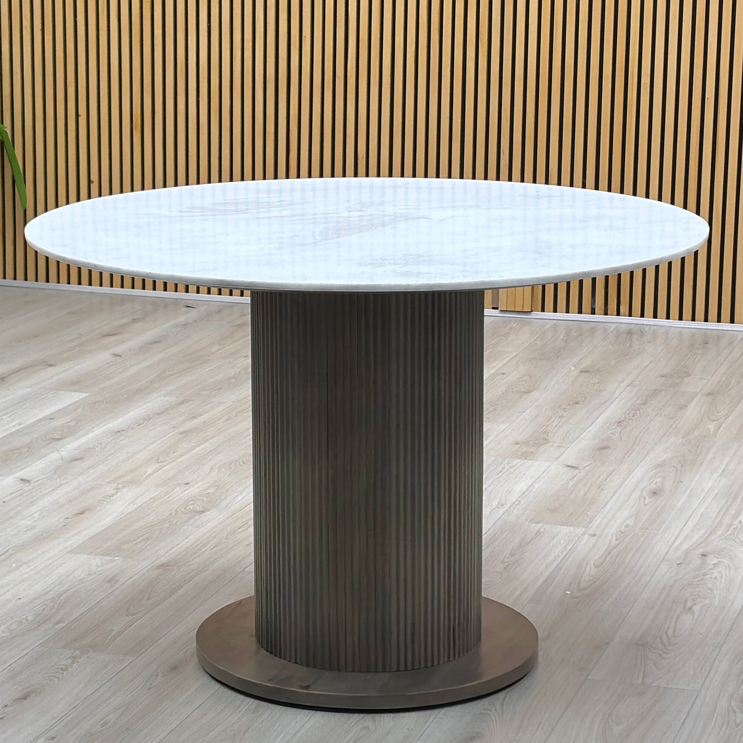 ‘Aimar’ White Ceramic Top 115cm Round Dining Table with Oatmeal Fabric Open Back Dining Chairs - Set of 4 Furniture Village