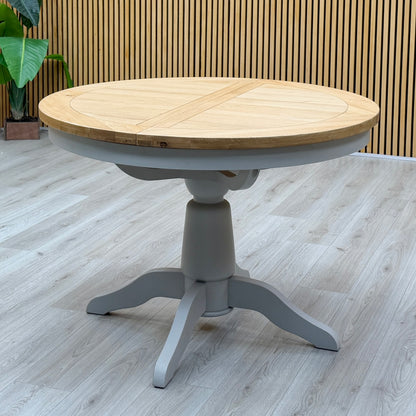 ‘Lewis’ Solid Oak Round Pedestal Butterfly Extending Dining Table with Anthracite Grey Fabric Set of 4 Button Back Dining Chairs